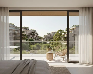 Wadi bedroom interior with neutral textiles and woven furniture opening through full-height sliding glass doors onto a terrace overlooking a green landscaped courtyard