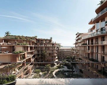 View from a private stone-tiled balcony with glass railing overlooking a lush landscaped courtyard between curved terraced Wadi residential buildings