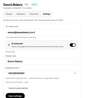 Settings with AI voicemail turned on