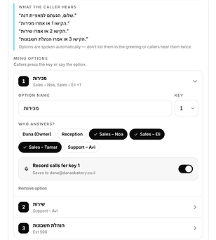 Phone menu editor with the greeting and options callers hear