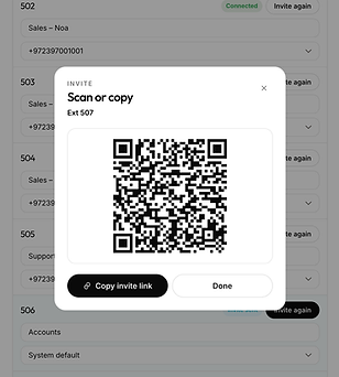 Invite screen with a QR code for extension 507