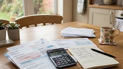 Household bills and a calculator on a British kitchen table