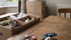 Two sets of house keys beside divided moving boxes