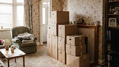 Moving boxes inside a British living room