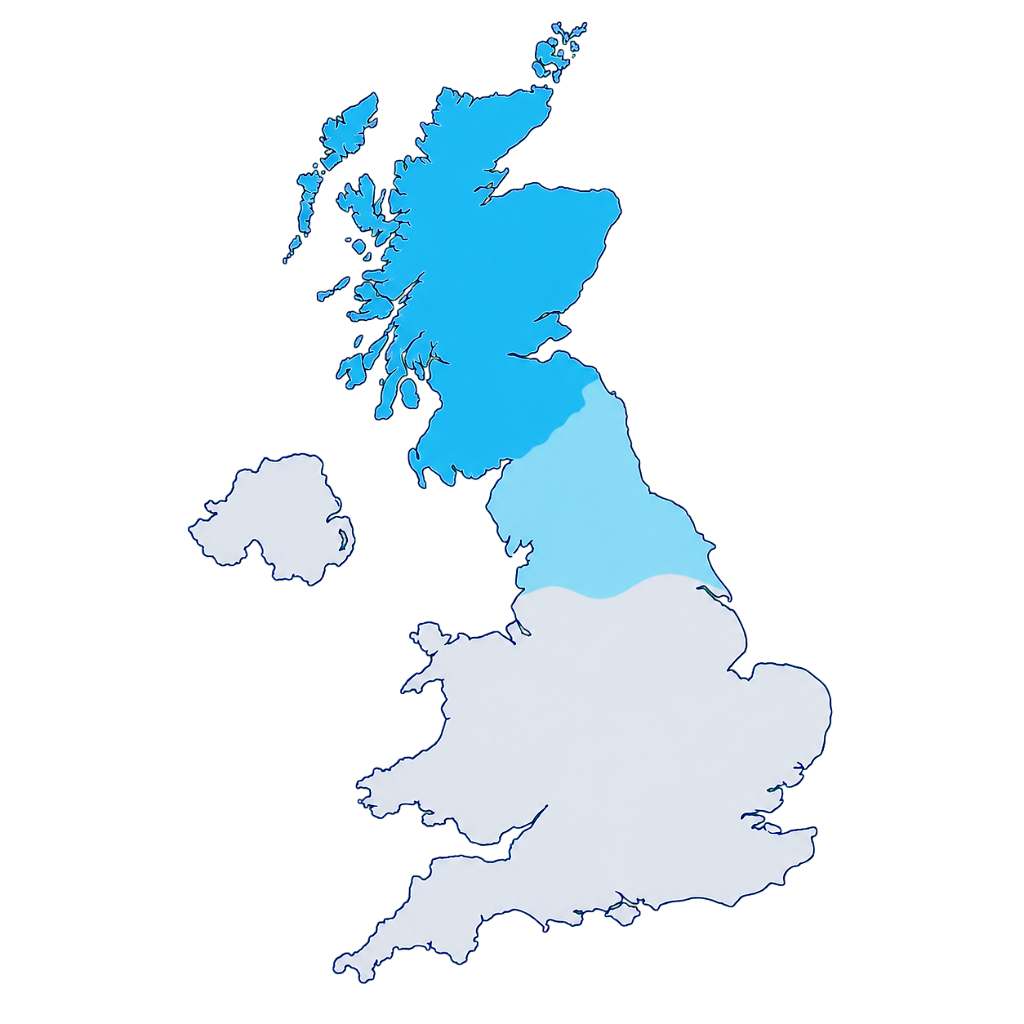 UK coverage map showing Scotland in cyan, Northern England in sky-blue, and the rest of the UK in pale blue-grey