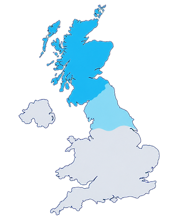 UK coverage map showing Scotland in cyan, Northern England in sky-blue, and the rest of the UK in pale blue-grey