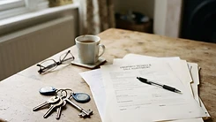House keys and property paperwork on a table