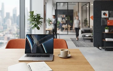 A clean, modern professional workspace with charcoal and burnt orange color elements, representing a strategic digital marketing partnership.