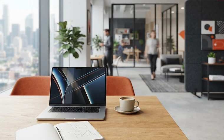 A clean, modern professional workspace with charcoal and burnt orange color elements, representing a strategic digital marketing partnership.