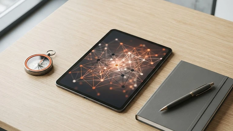 A modern, minimalist office workspace featuring a tablet with data visualization to represent strategic digital marketing growth in Waco.