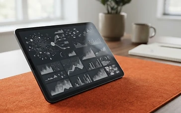 Abstract business data visualization on a tablet with a charcoal and burnt orange office color scheme.