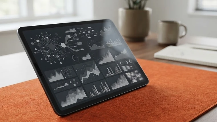 Abstract business data visualization on a tablet with a charcoal and burnt orange office color scheme.