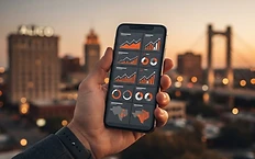 Waco skyline at dusk with a hand holding a smartphone displaying a digital dashboard.