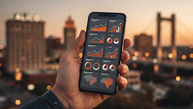 Waco skyline at dusk with a hand holding a smartphone displaying a digital dashboard.