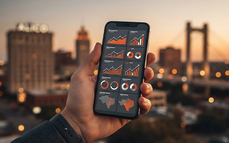 Waco skyline at dusk with a hand holding a smartphone displaying a digital dashboard.