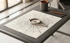 A professional desk setup featuring a compass and city blueprint, representing strategic local marketing.