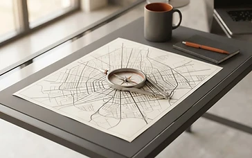 A professional desk setup featuring a compass and city blueprint, representing strategic local marketing.