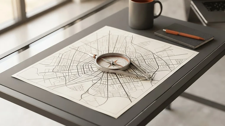 A professional desk setup featuring a compass and city blueprint, representing strategic local marketing.