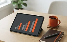 A professional desk workspace with a tablet showing business growth charts and a burnt orange mug.