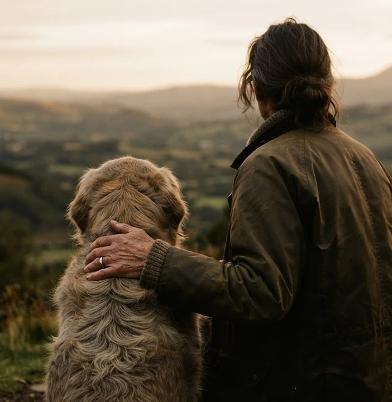 A quiet moment between a person and their older dog in golden grass at sunset