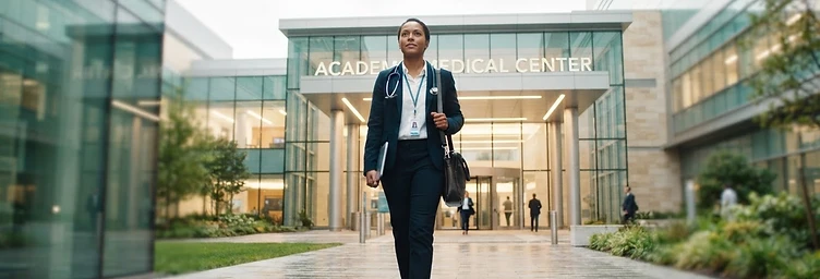 Doctor walking toward a modern academic hospital entrance