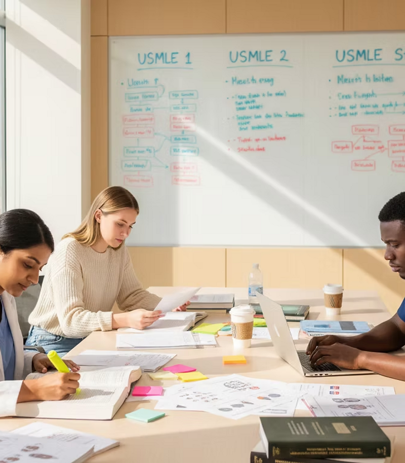 Medical professionals studying together at a table with a USMLE whiteboard