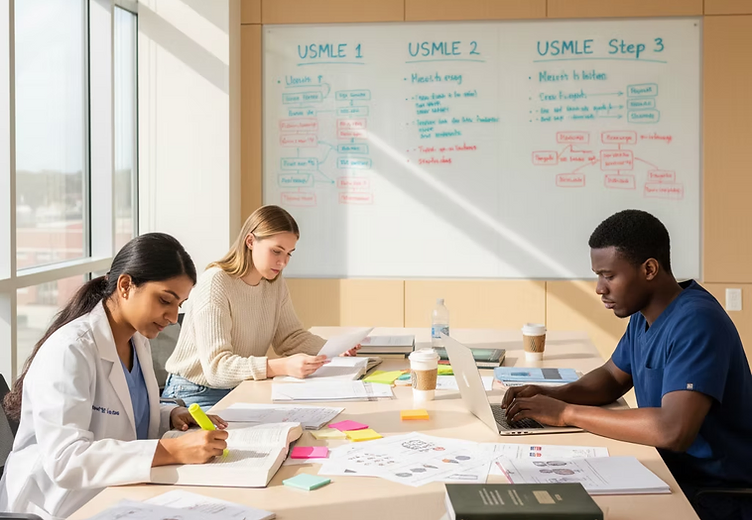 Medical students collaborating at a study table with a USMLE whiteboard