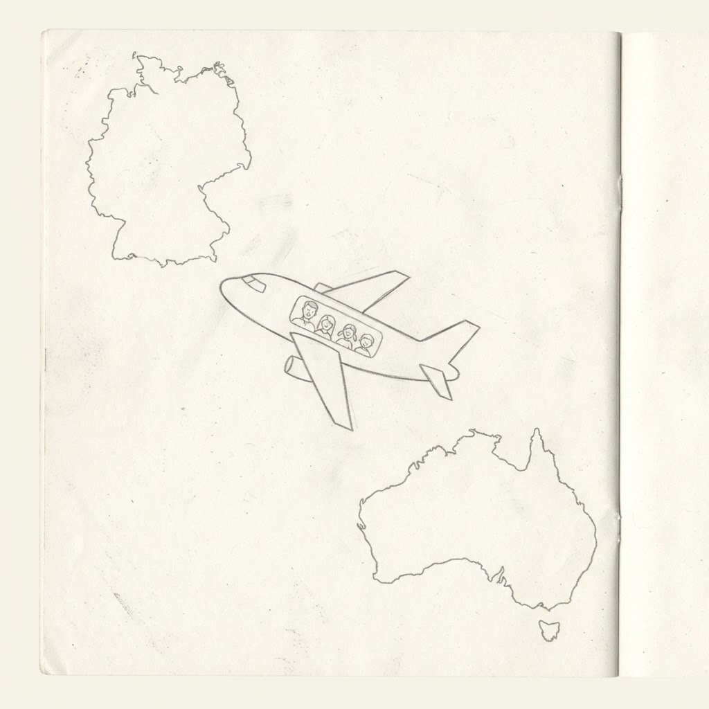 a simple pencil drawing with the outline of Australia in the bottom right corner, and the outline of Germany in the top left corner, a plane in the middle with the nose towards the top left corner with a dad and 3 kids on it. DO NOT ADD any letters or words, just the simple pencil drawing with outlines. just the drawing.