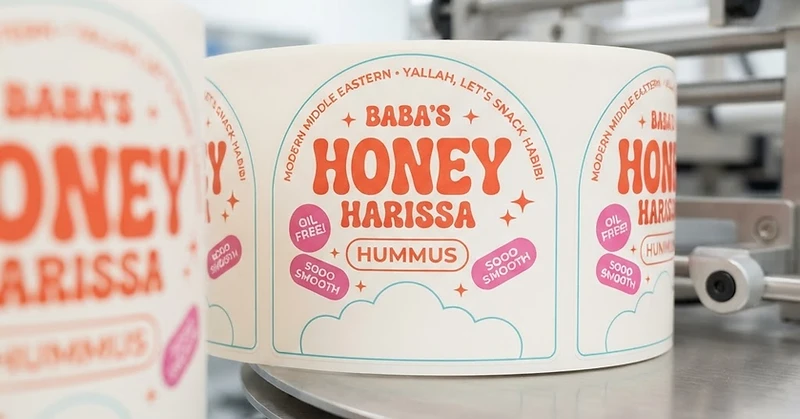 Roll of printed die-cut labels with Baba's Honey Harissa Hummus artwork on press