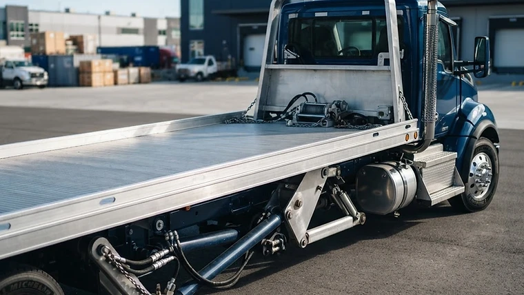 Empty flatbed tow truck arriving for a scheduled scrap car pickup
