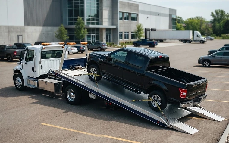 Clean used pickup truck being loaded onto a flatbed tow truck after a vehicle sale in Abbotsford