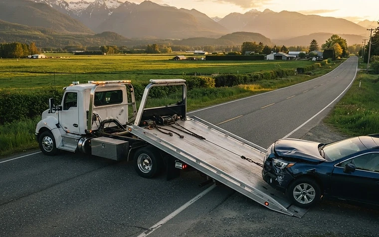 Flatbed tow truck loading a damaged SUV on a rural Abbotsford road
