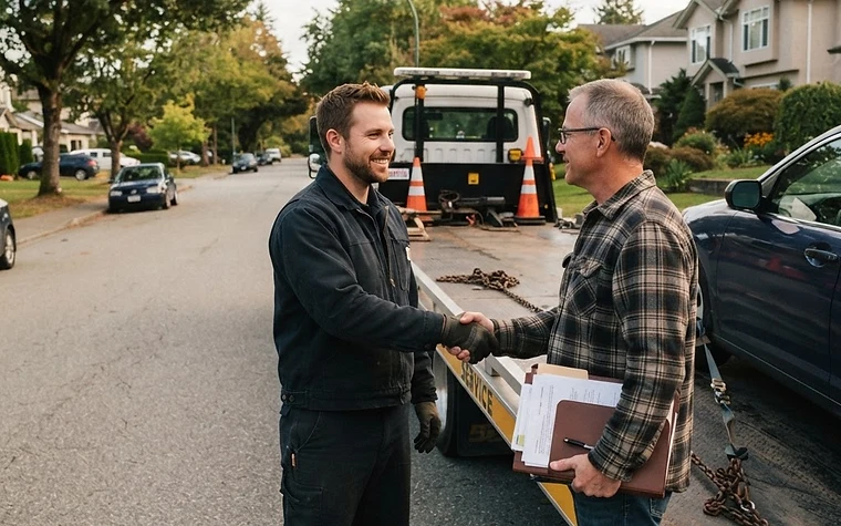 Tow truck driver and homeowner completing a vehicle sale with paperwork in Abbotsford