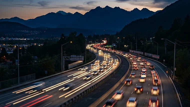 Flatbed tow truck on a Fraser Valley highway at dusk