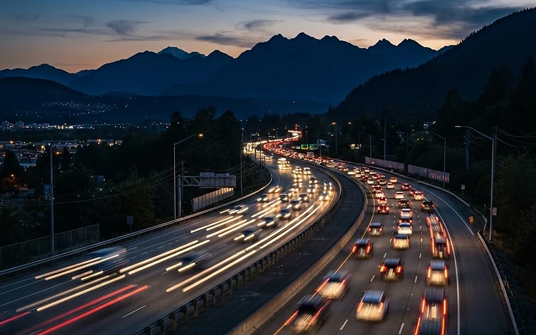 Highway 1 through Abbotsford at dusk with motion-blurred traffic lights representing connectivity across the Fraser Valley