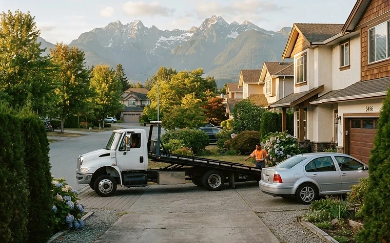 Flatbed tow truck arriving at an Abbotsford home to collect a scrap car