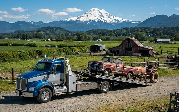 Tow truck collecting an old pickup truck from a Fraser Valley farm property