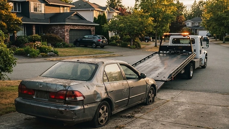 Old sedan on an Abbotsford driveway being prepared for scrap car removal