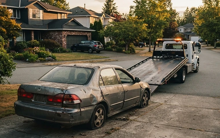 Old damaged sedan on a narrow Clearbrook driveway ready for scrap car removal