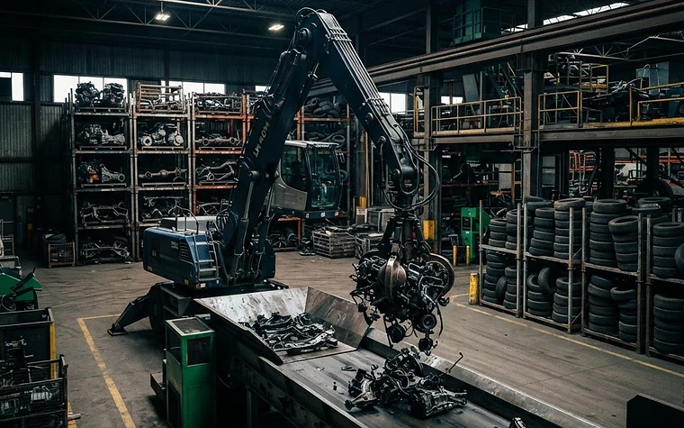 Organized auto recycling facility processing vehicle steel and materials