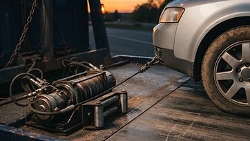 Tow truck operator winching an older car onto a flatbed for removal