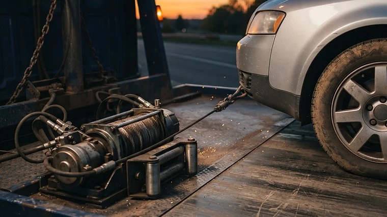 Tow truck operator winching an older car onto a flatbed for removal