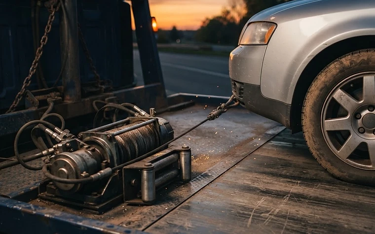 Hydraulic winch loading a non-running car onto a flatbed tow truck in Clearbrook Abbotsford