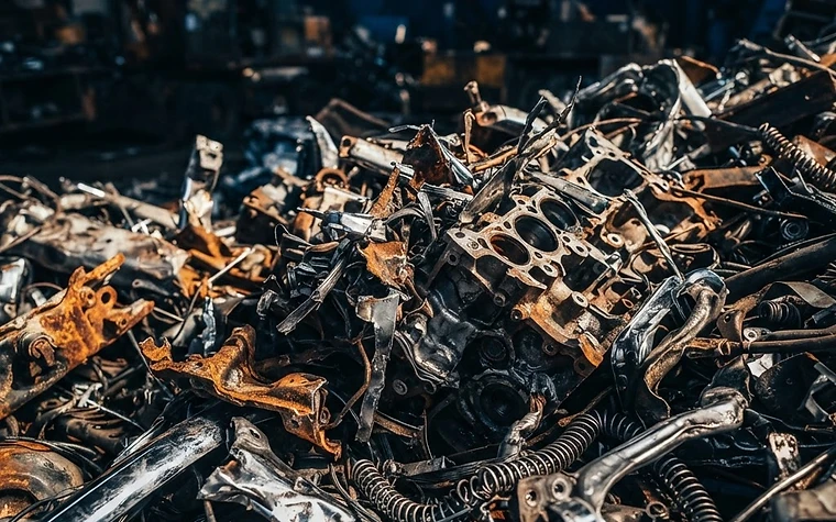 Macro photography of shredded steel and metallic vehicle components at a recycling facility
