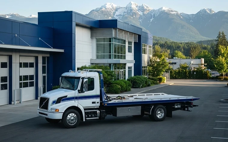 Professional flatbed tow truck parked at a clean vehicle facility in Abbotsford with mountains in the distance