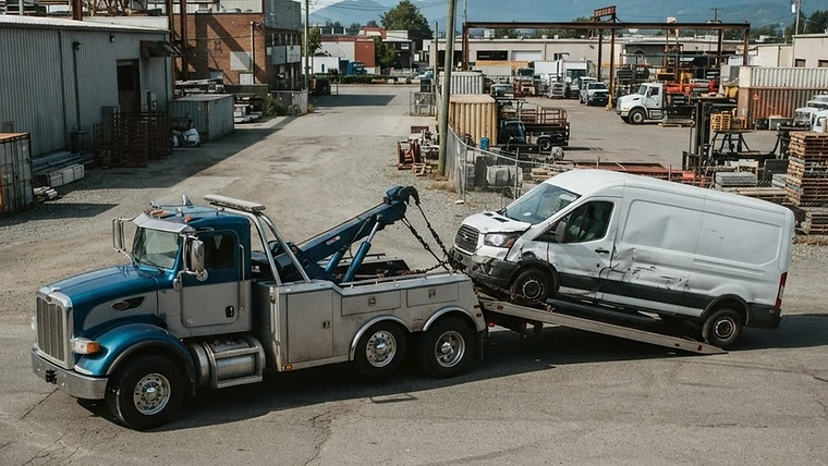 Work van being loaded onto a flatbed after a vehicle sale in Abbotsford