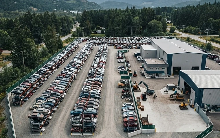 End-of-life junk vehicles stacked at an auto recycling yard in Abbotsford