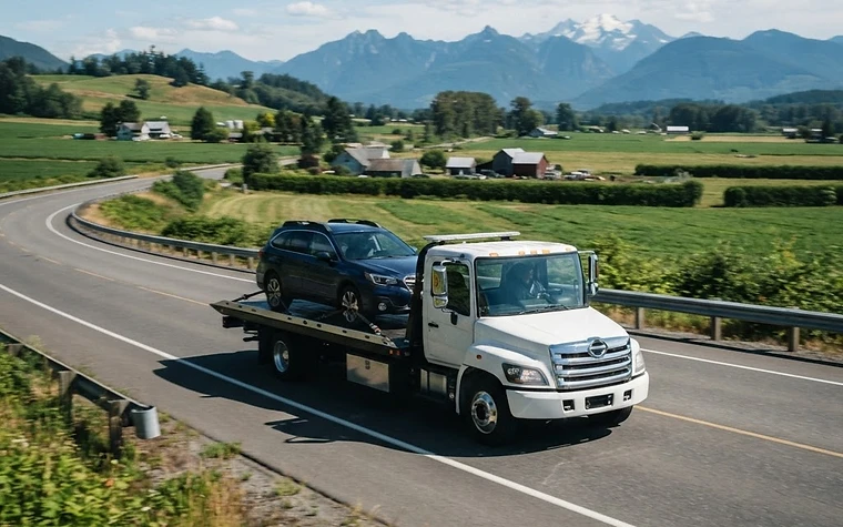 Tow truck travelling across the flat Sumas Prairie toward a vehicle collection