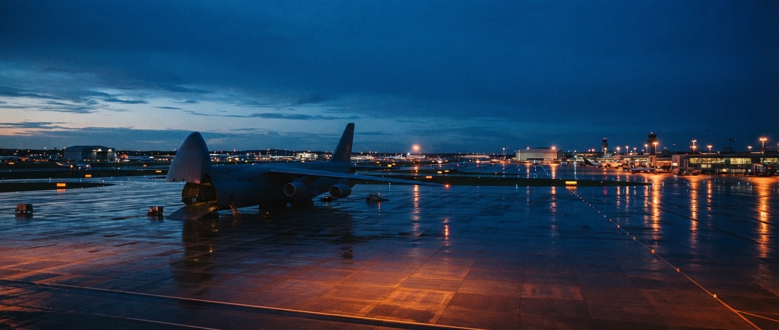 Cargo aircraft on a wet tarmac at dusk