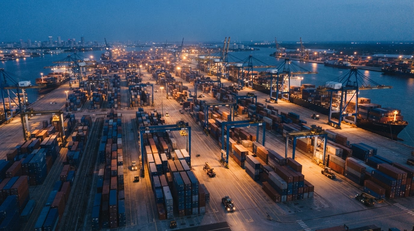 Port container yard at blue hour